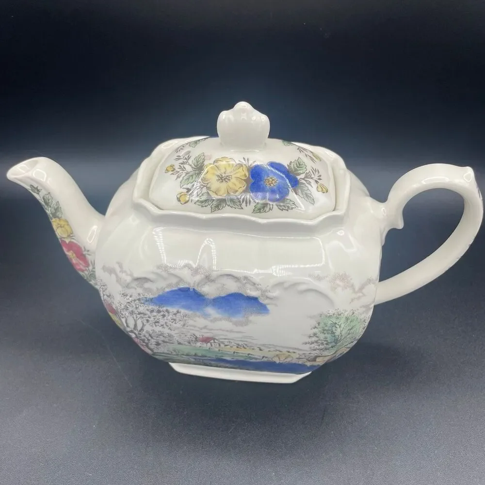 Vintage James Sadler Square Cube Teapot English Country Cottage Garden Scene